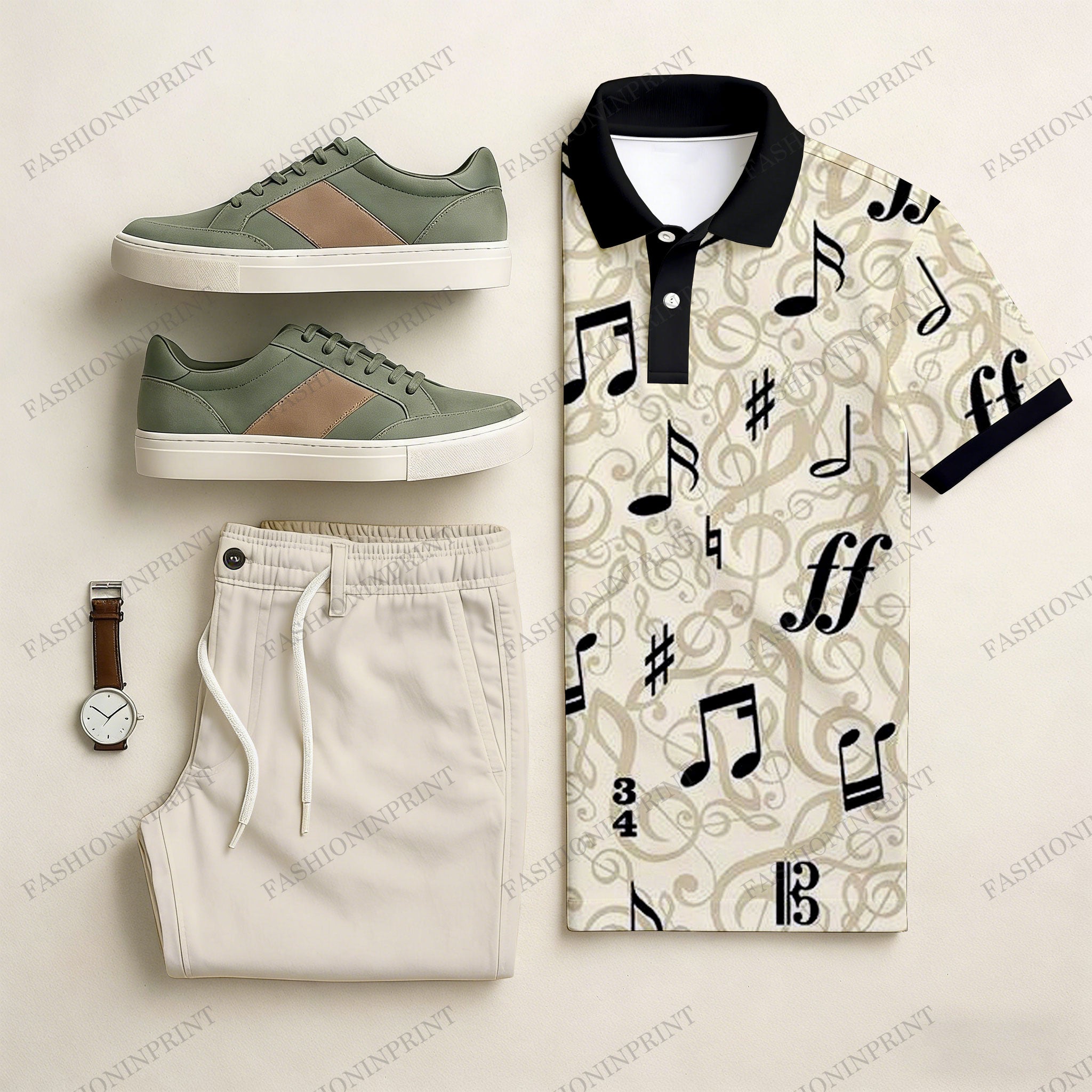Men's Casual Apricot & Black Color Matching Art Printed Short Sleeved Polo Shirt & Trousers Two-Piece Set