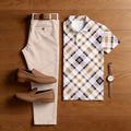 Men's Casual Pink & Navy Blue Color Matching Checkered Printed Short Sleeved Polo Shirt & Trousers Two-Piece Set
