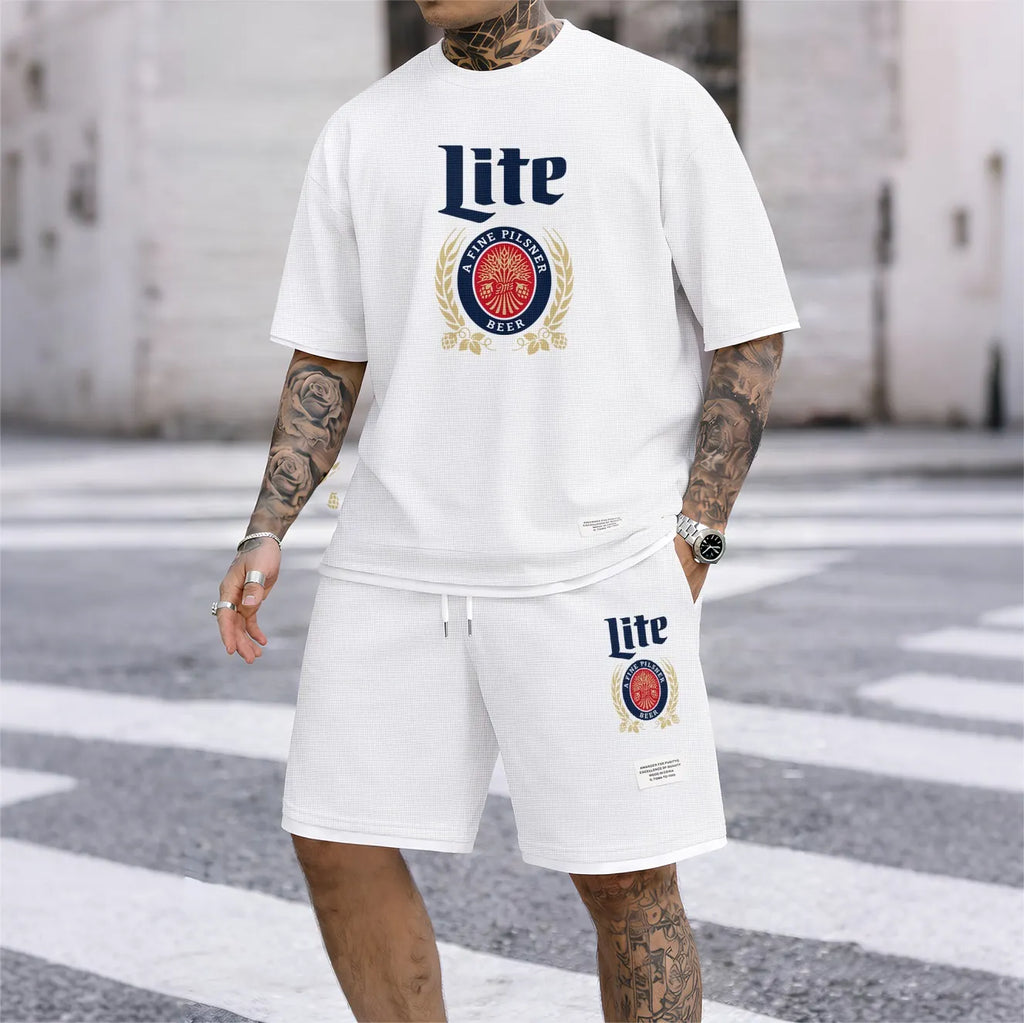 Men's Refreshing Beer Print Waffle Fabric Short-Sleeved Shirt And Shorts Set