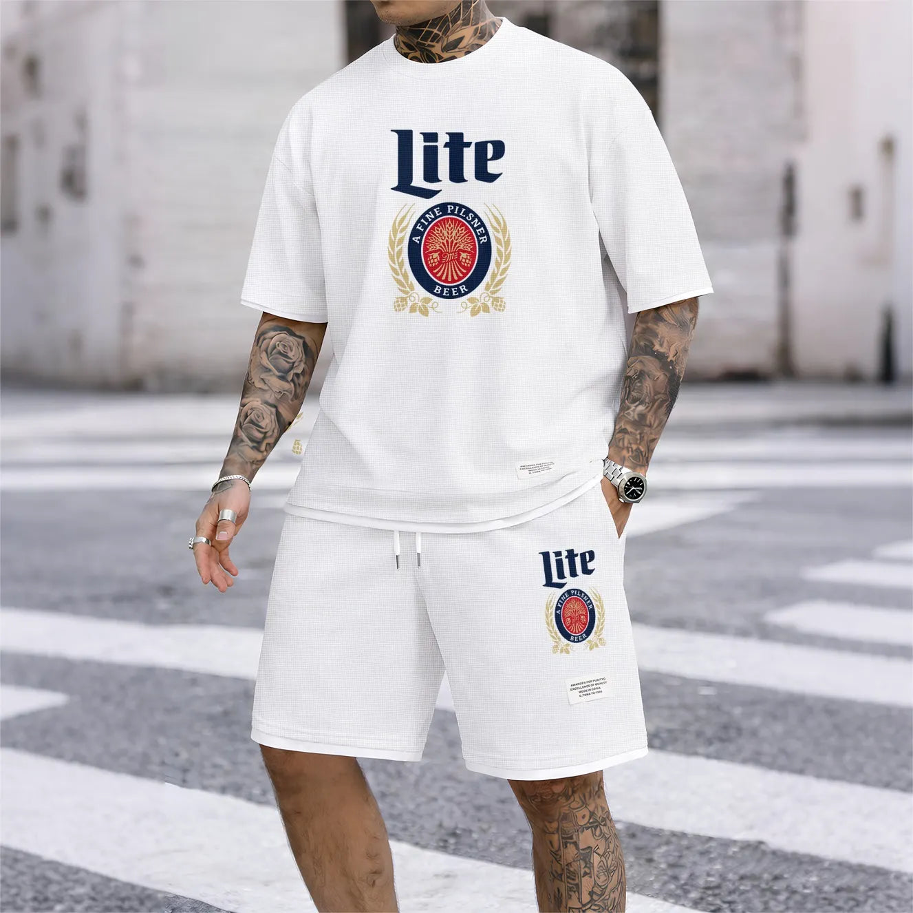 Men's Refreshing Beer Print Waffle Fabric Short-Sleeved Shirt And Shorts Set