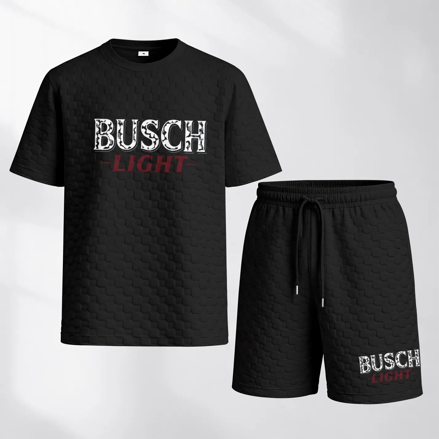 Men's Spring And Summer Classic Beer Print With Red And Black Line Checkered Fabric Drawstring Shorts Set, Casual Summer Outfit With Short-Sleeved Shirt And Shorts, Ideal For Everyday Wear And Sports Activities