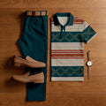 Men's Casual Green & Red Stripes Printed Polo Shirt And Pants Two-Piece Set