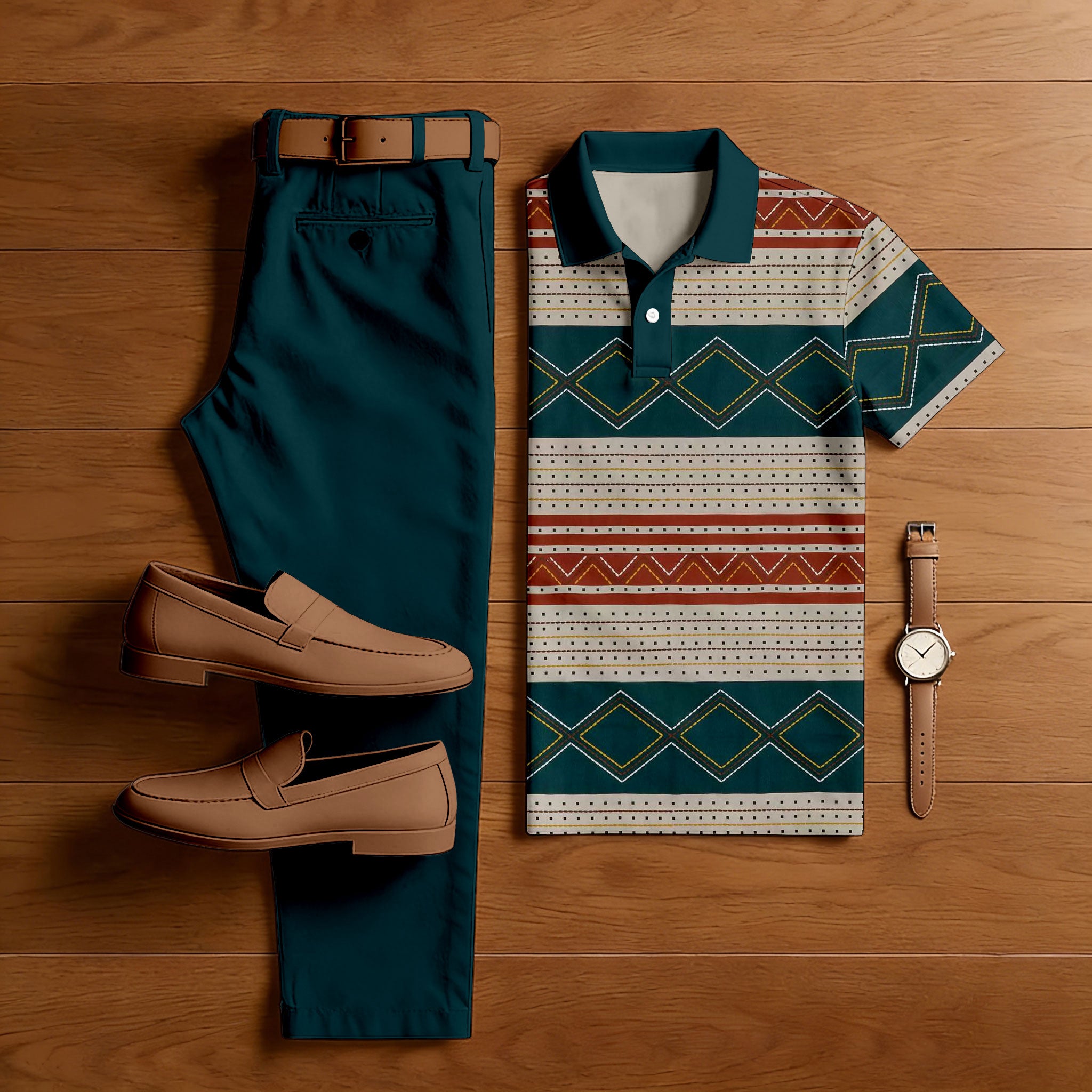 Men's Casual Green & Red Stripes Printed Polo Shirt And Pants Two-Piece Set