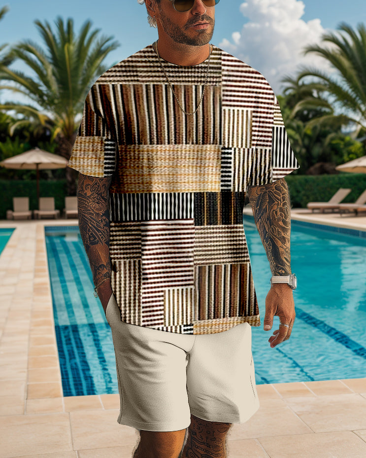 Men's casual color block printed shorts Set 515