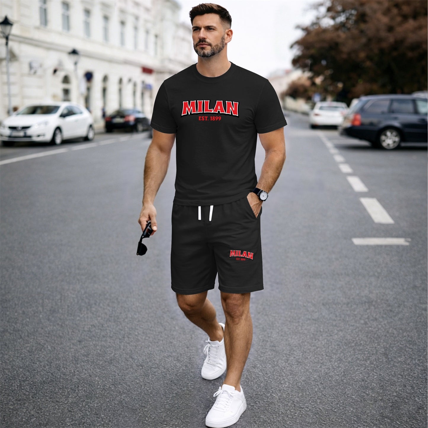 Men's Summer Two-Piece Set: Featuring a short-sleeve T-shirt with a "Milan" letter print paired with drawstring shorts, this lightweight and breathable casual outfit is perfect for the beach, vacations, workouts, travel, running, and everyday wear.