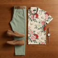 Men's Casual Apricot Rose Print Short-Sleeved Shirt And Trousers Two-Piece Set