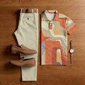 Men's Casual Khaki & Orange Color Matching Printed Short Sleeved Polo Shirt & Trousers Two-Piece Set 201355