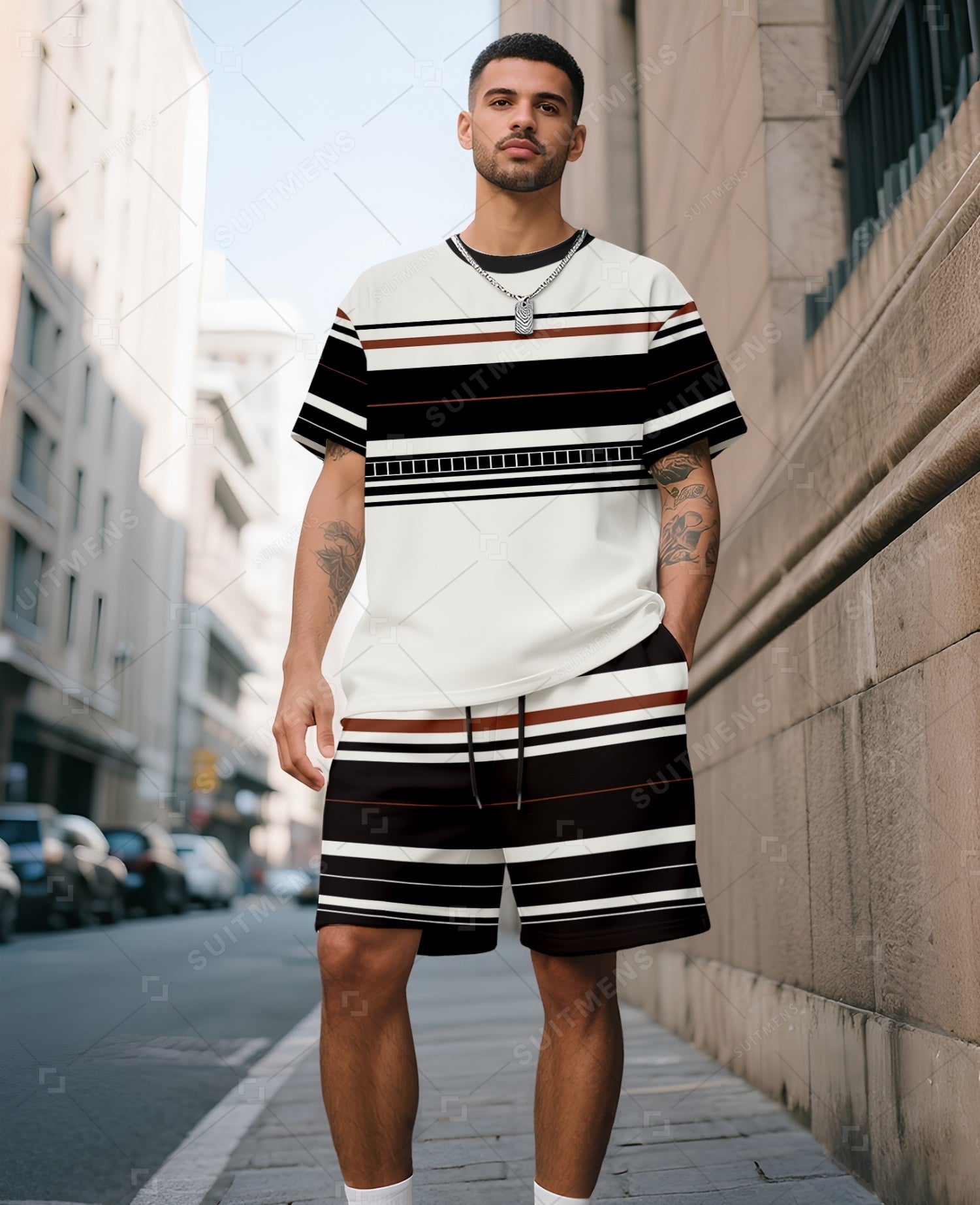 Men's Summer Colorblock Stripe Printed Crew Neck Suit 047
