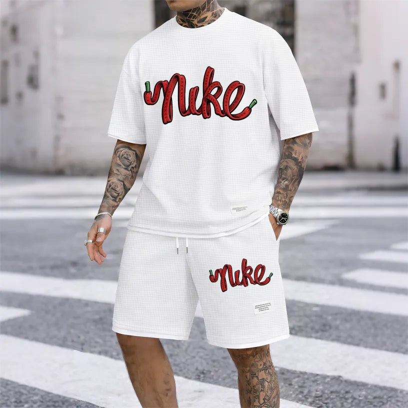 This Men's Western Bunny Classic Logo Drawstring Shorts Set Is An Ideal Choice For Spring And Summer. This Casual Summer Set Includes A Short-Sleeved Shirt And A Pair Of Shorts, Suitable For Both Everyday Wear And Sports.