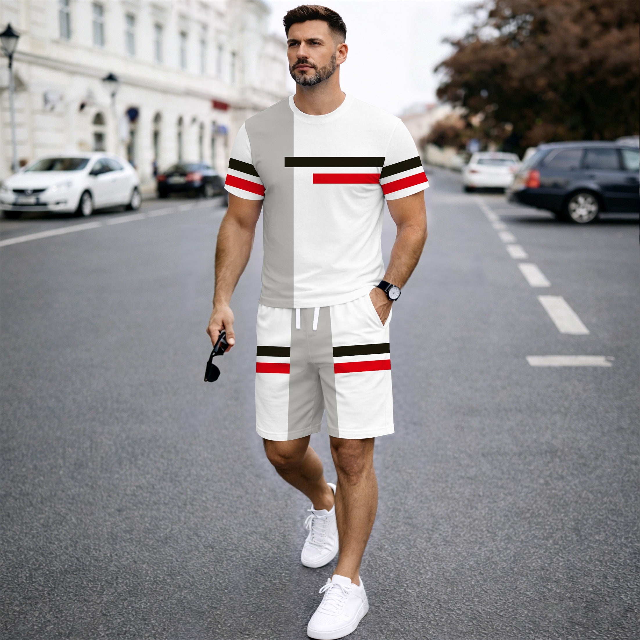 Men’s Summer 2 Piece Shorts Set, Color Block Short Sleeve T Shirt and Drawstring Shorts Matching Outfit, Lightweight Breathable Casual Tracksuit for Daily Wear, Streetwear, Vacation, Travel, Beach, Workout and Lounging