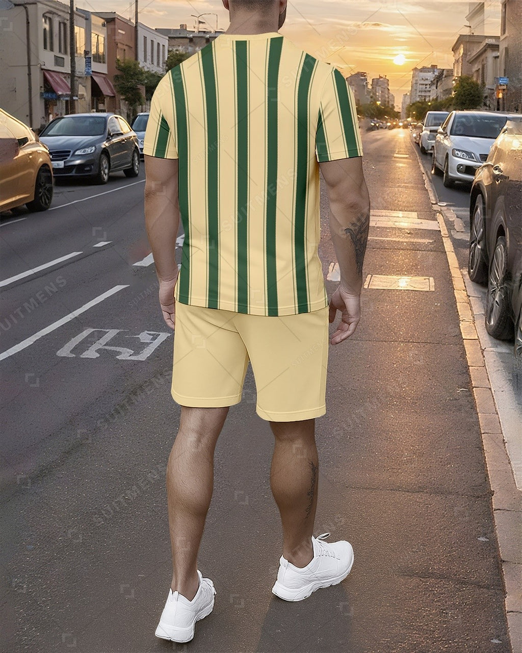 Men's Summer Colorblock Printed Round Neck Set 742
