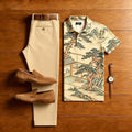 Men's Casual Khaki Landscape Printed Short-Sleeve Polo Shirt And Trousers Two-Piece Set