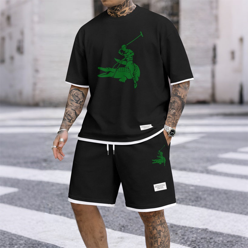 Men's Funny Crocodile Print Waffle Fabric Short-Sleeved Shirt And Shorts Set 02