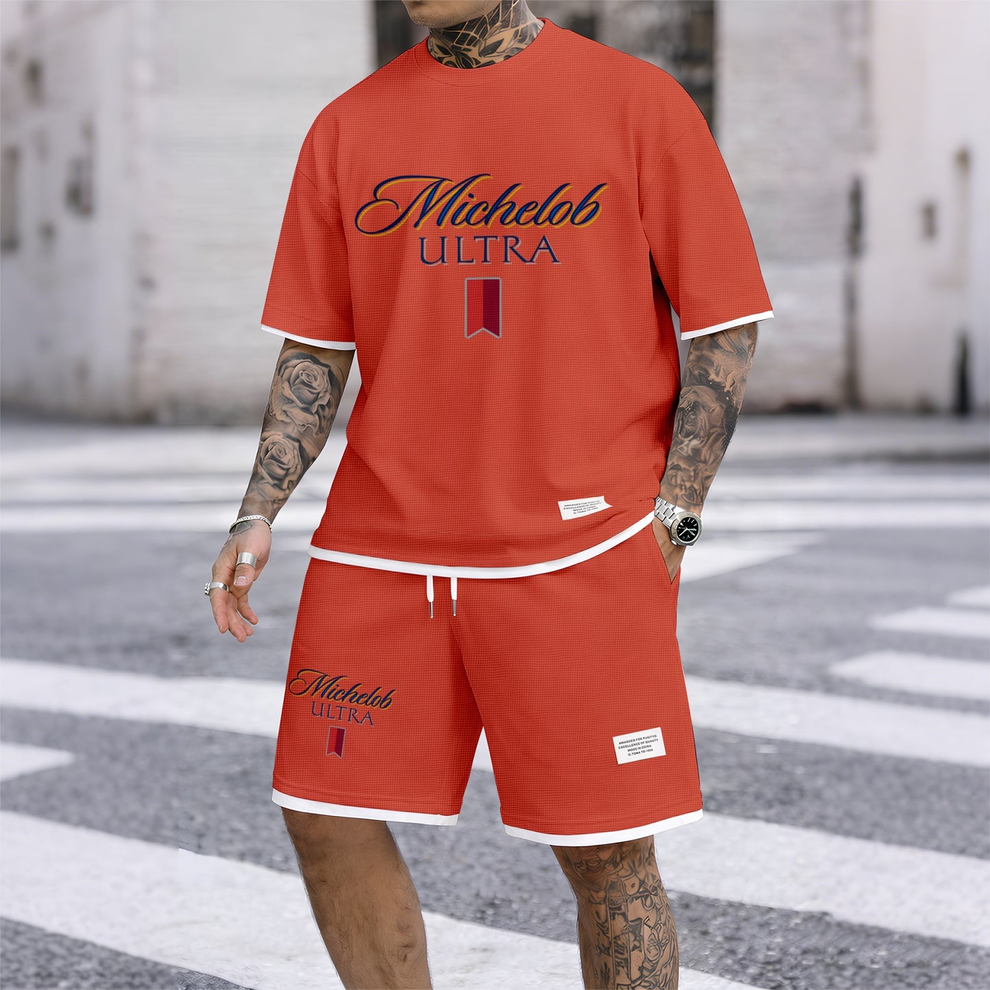 Men's Beer And Beverage Printed Drawstring Shorts Set, Suitable For Spring And Summer Wear, Casual Summer Set, Including Short-Sleeved Shirt And Shorts, Suitable For Everyday Wear And Sports 09