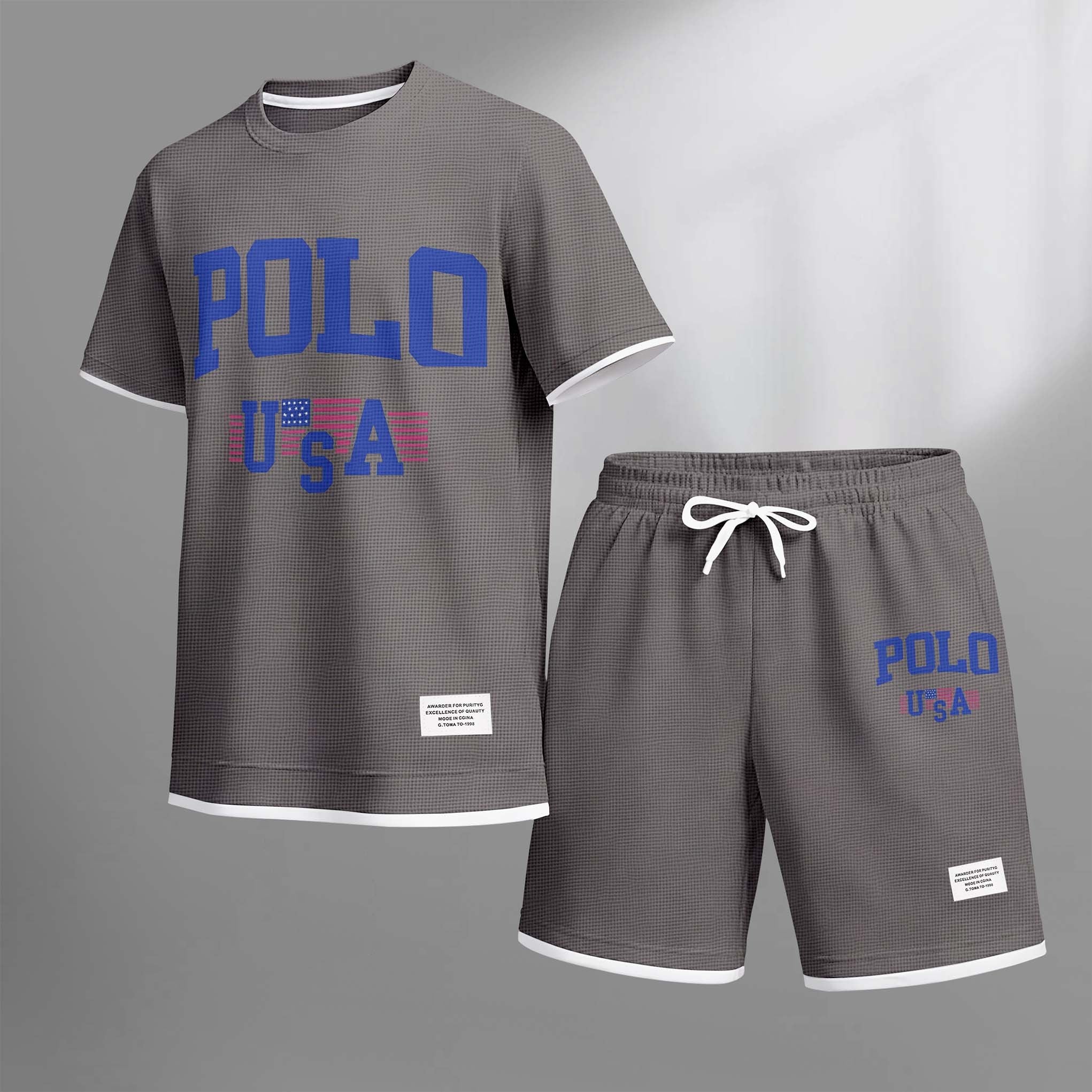 Men's USA Polo Print Drawstring Shorts Set For Spring/Summer. A Casual Summer Outfit, Including A Short-Sleeved Shirt And Shorts, Suitable For Everyday Wear And Sports. A Two-Piece Set For A Relaxed And Energetic Lifestyle.
