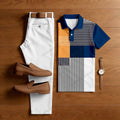 Men's Casual Navy Blue & Orange Stripes Printed Polo Shirt And Pants Two-Piece Set