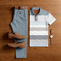 Men's Casual Light Blue & White Color Matching Striped Printed Short Sleeved Polo Shirt & Trousers Two-Piece Set