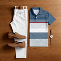 Men's Casual Dark Blue Plaid Printed Polo Shirt And Pants Two-Piece Set