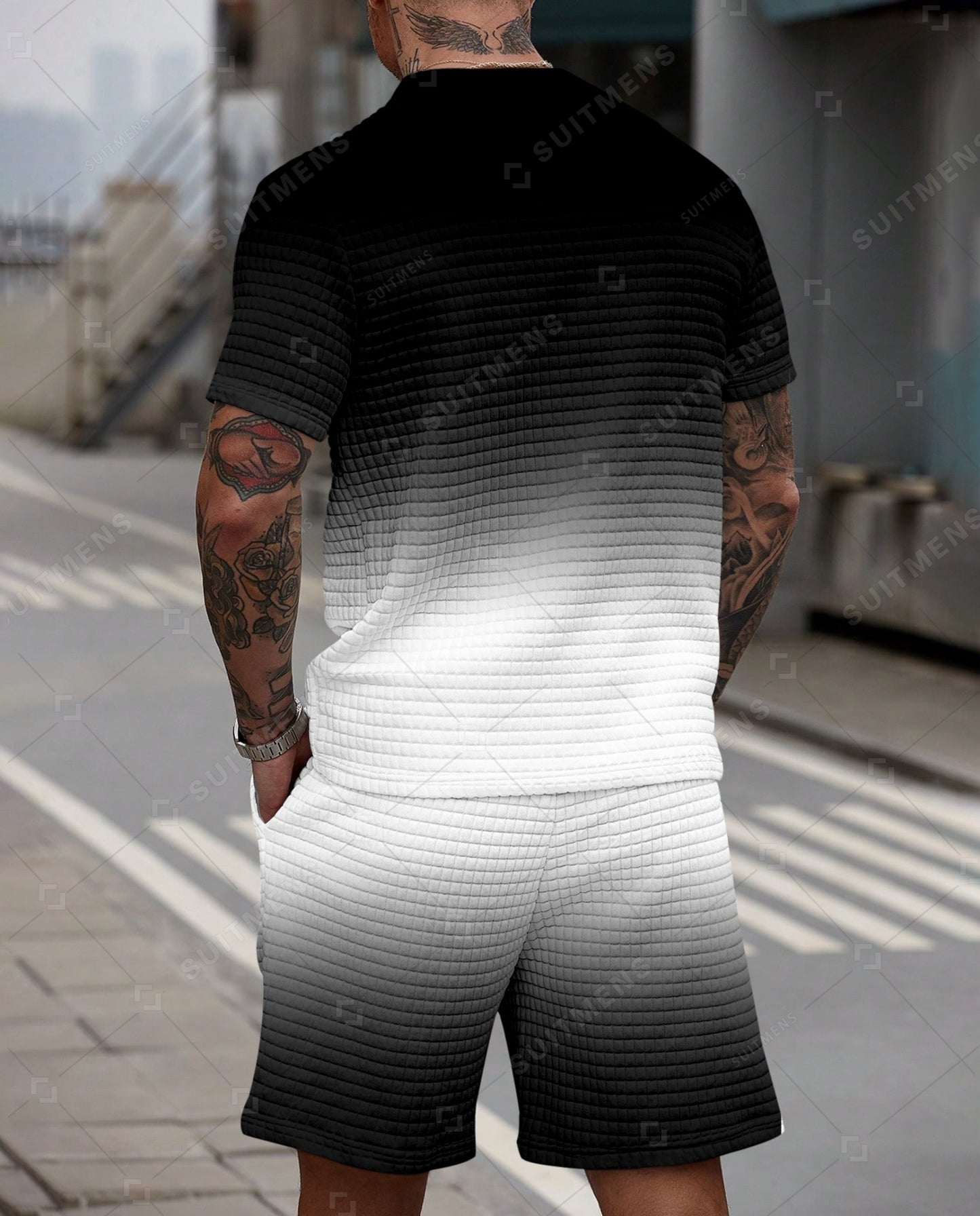 Men's Casual Waffle Textured Summer Round Neck Short Sleeve Shorts Set 0023