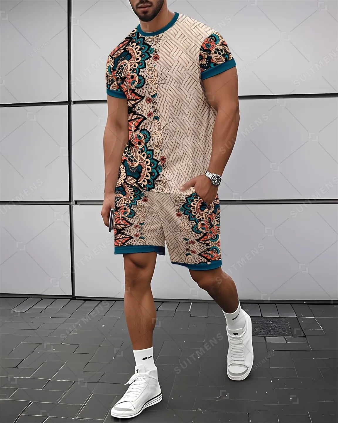 Men's Summer Retro Printed Round Neck Set 943