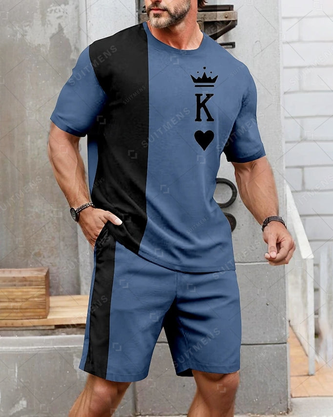 Men's Summer Color Matching Print Round Neck Set 241