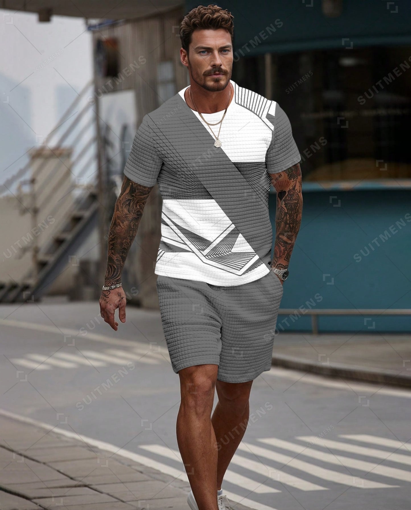 Men's Casual Waffle Textured Summer Round Neck Short Sleeve Shorts Set 0015