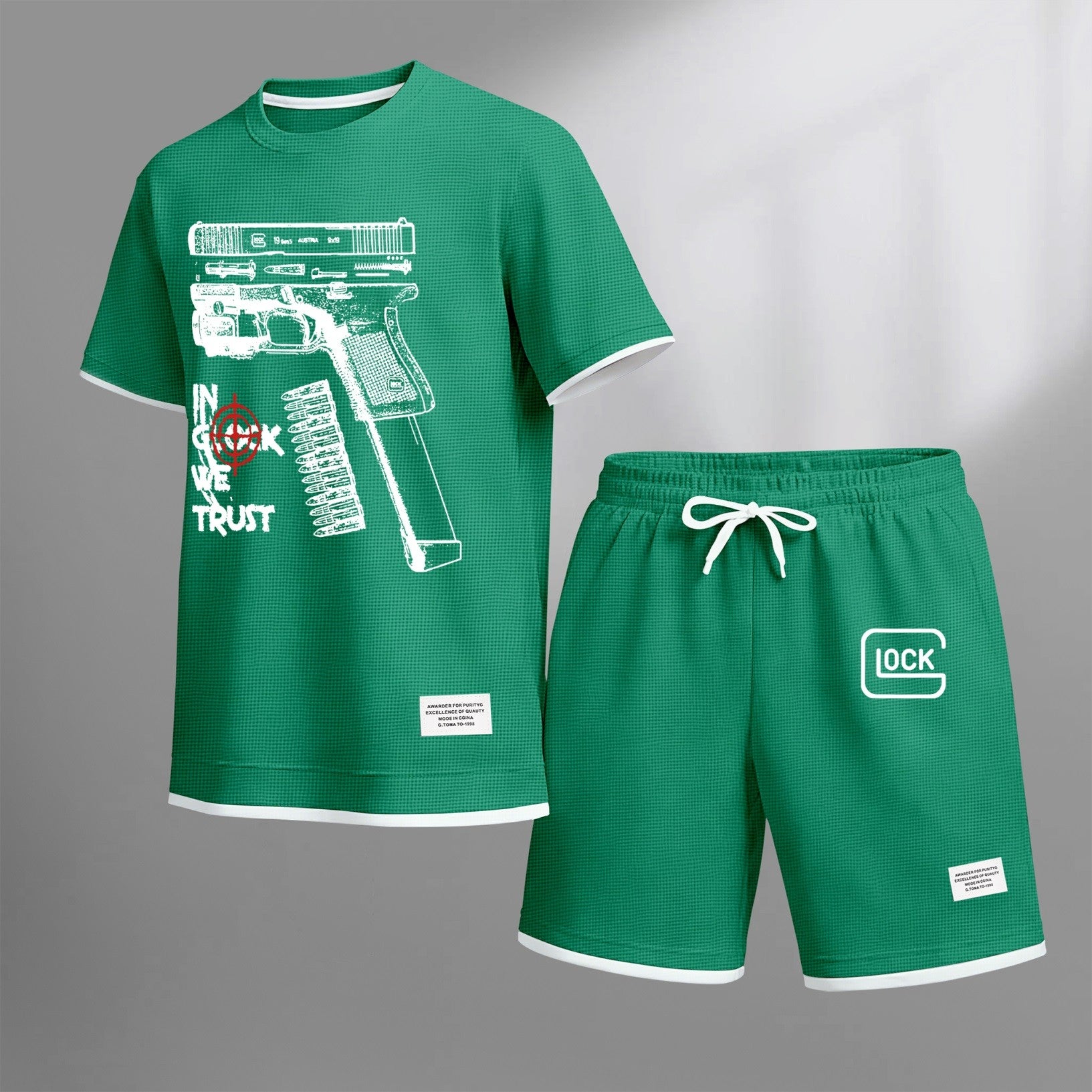 Men's classic K-print drawstring shorts set, perfect for spring and summer. This casual summer set includes a short-sleeved shirt and shorts, ideal for everyday wear and sports activities