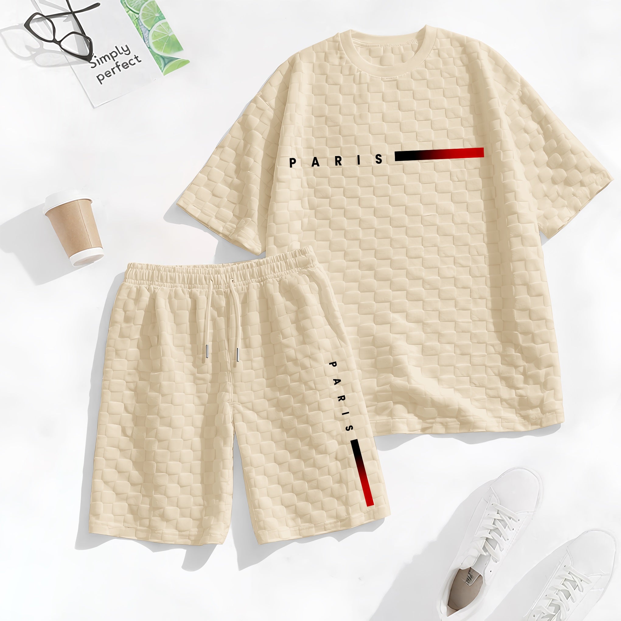 Men's Spring and Summer 'PARIS' Letter Print with Red and Black Line Checkered Fabric Drawstring Shorts Set, Casual Summer Outfit with Short-Sleeved Shirt and Shorts, Ideal for Everyday Wear and Sports Activities
