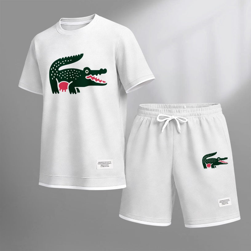 Men's Funny Crocodile Print Waffle Fabric Short-Sleeved Shirt And Shorts Set