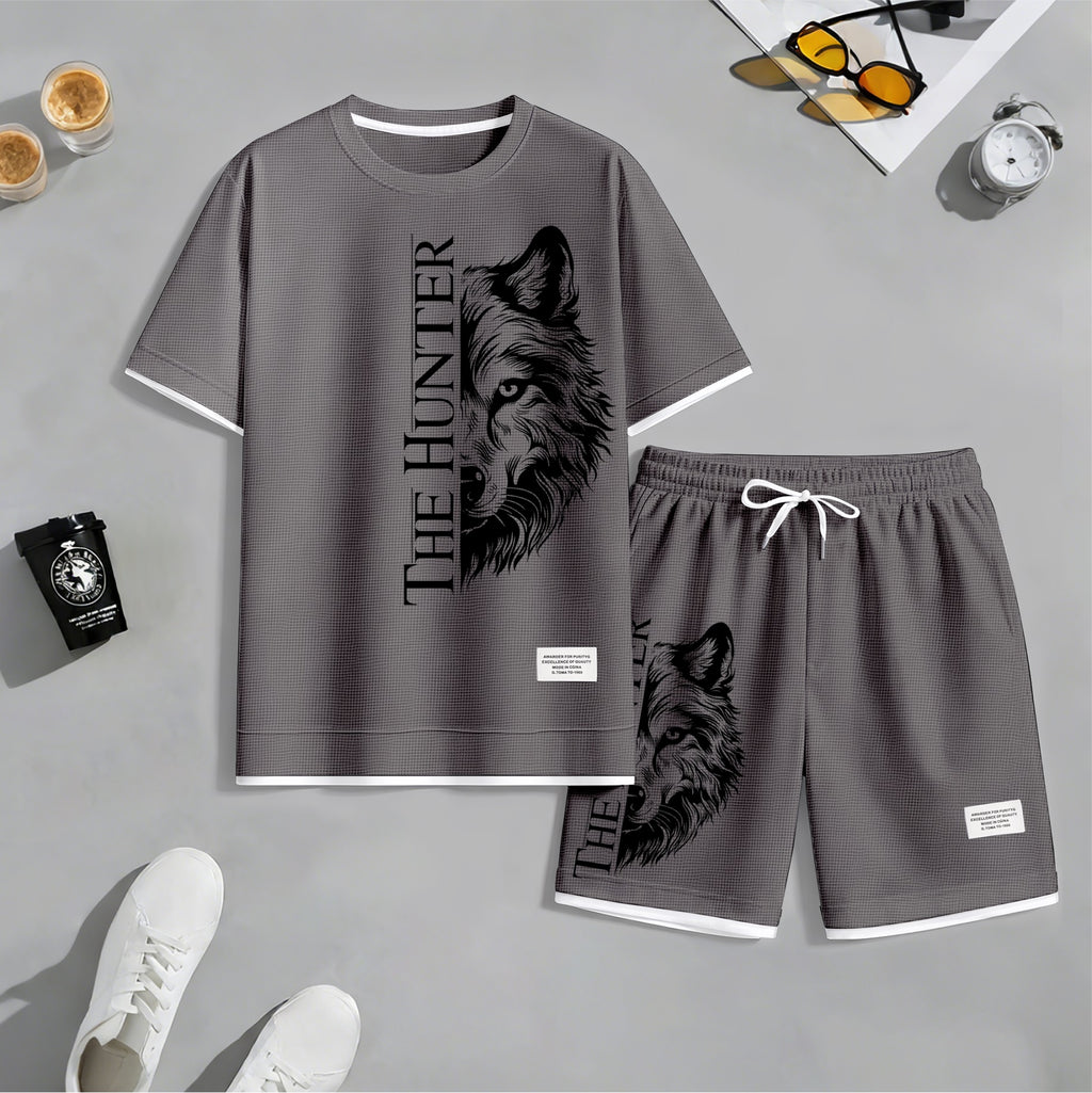 Men's "The Hunter" Wolf Head Graphic Print Waffle Short Sleeve T-Shirt & Shorts Set, Summer Lightweight Casual Sporty Two-Piece Outfit, Streetwear for Gym & Daily Wear