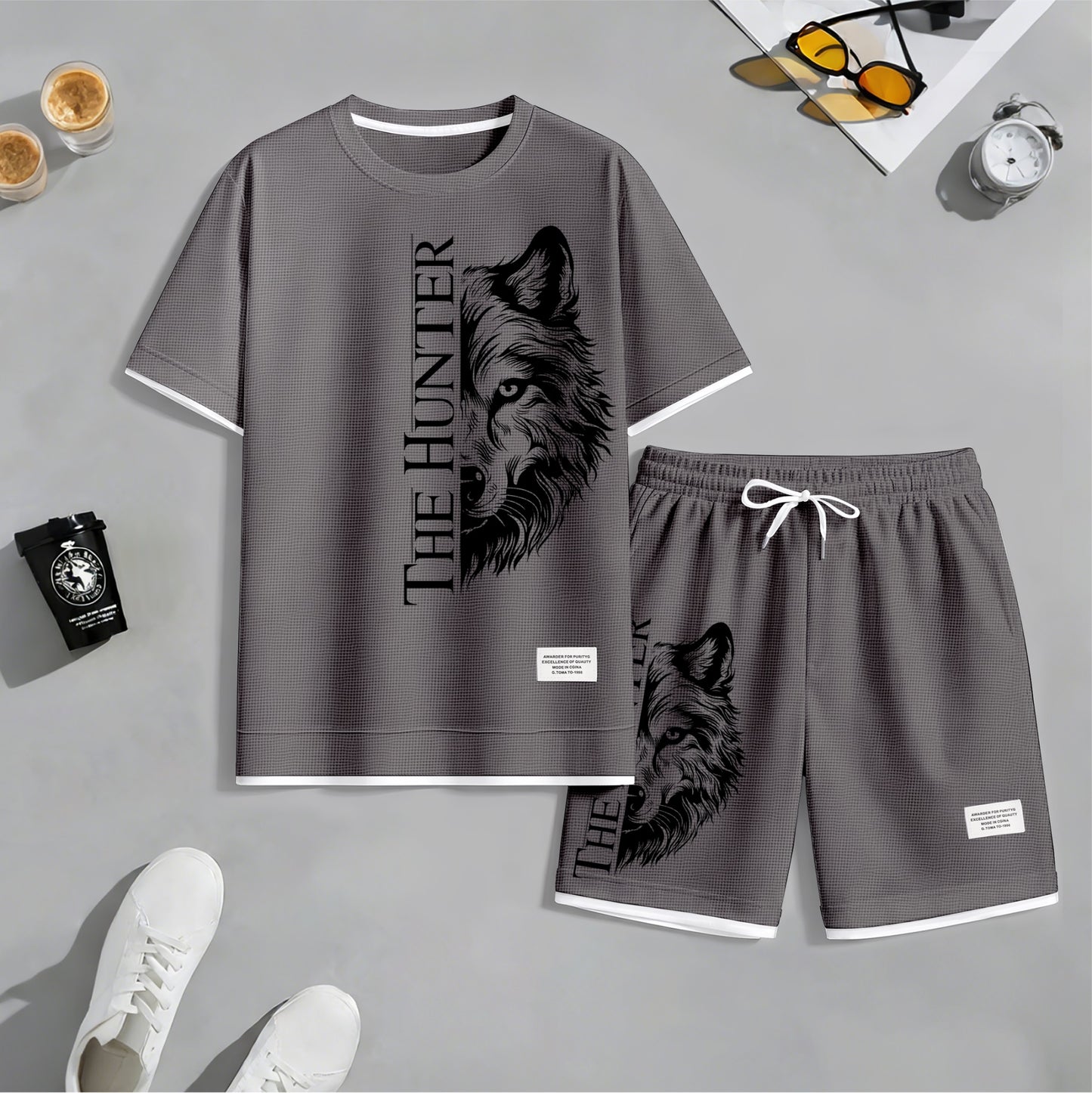 Men's "The Hunter" Wolf Head Graphic Print Waffle Short Sleeve T-Shirt & Shorts Set, Summer Lightweight Casual Sporty Two-Piece Outfit, Streetwear for Gym & Daily Wear