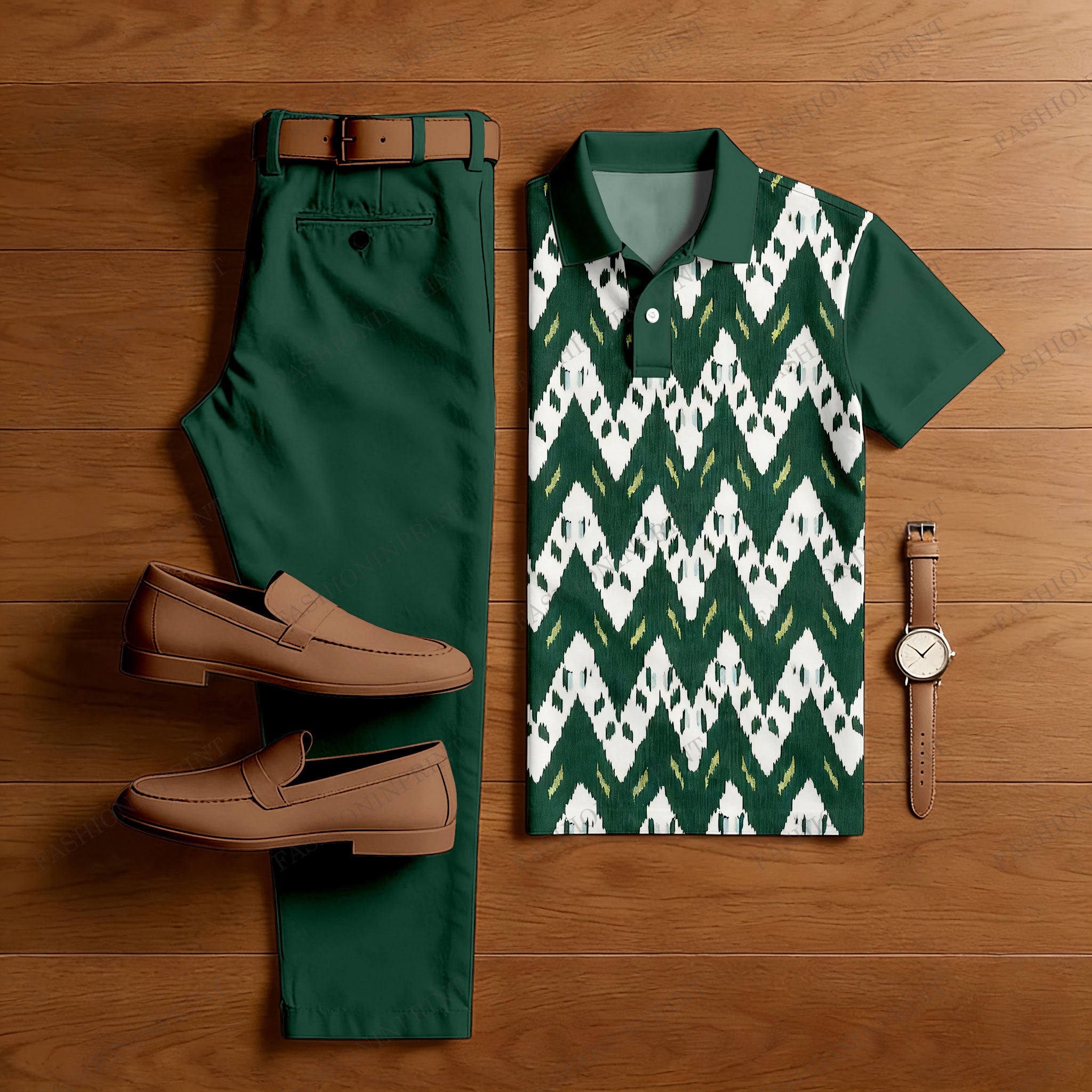 Men's Casual Green & White Color Matching Geometric Printed Short Sleeved Polo Shirt & Trousers Two-Piece Set