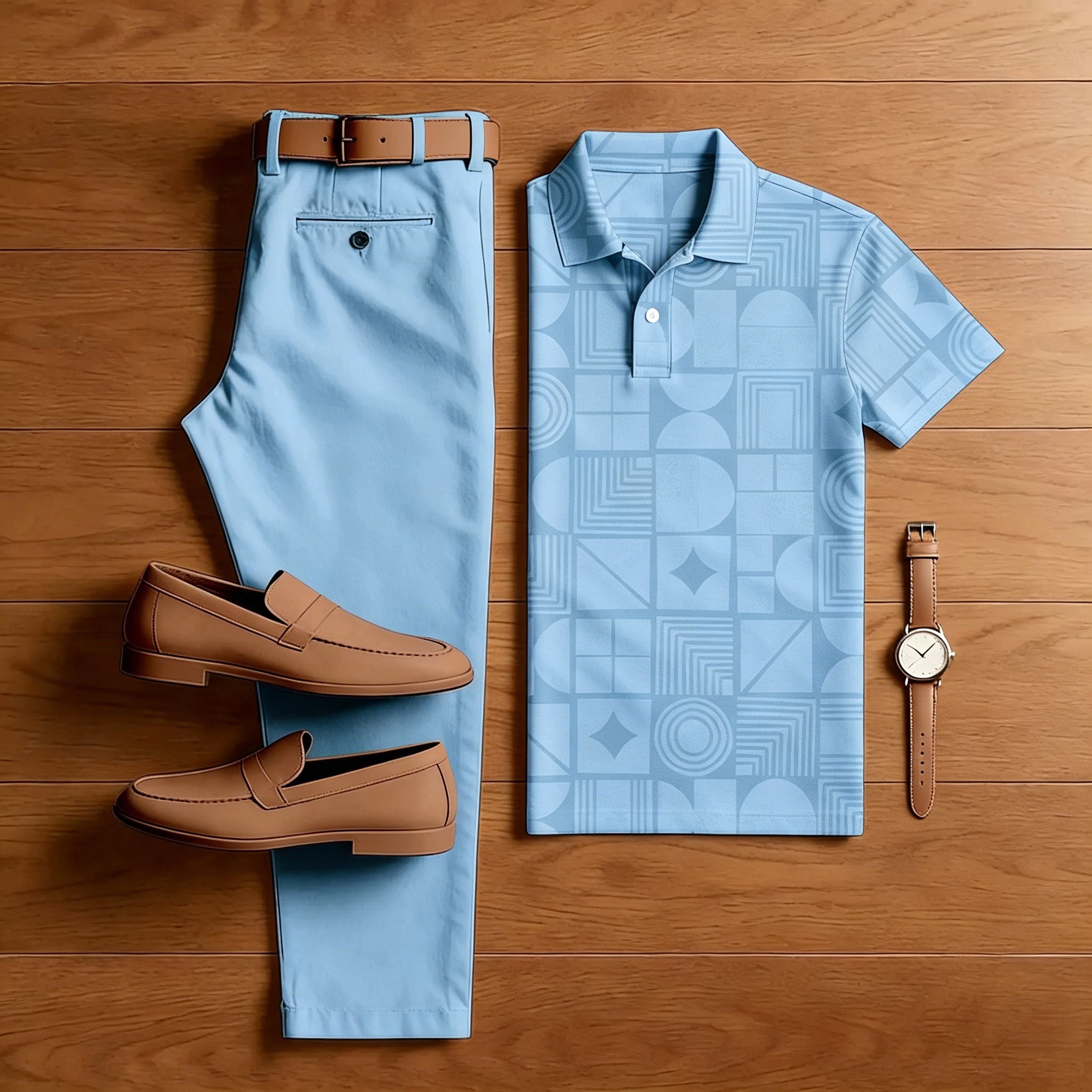 Men's Casual Green Color Matching Geometric Printed Short Sleeved Polo Shirt & Trousers Two-Piece Set 199151