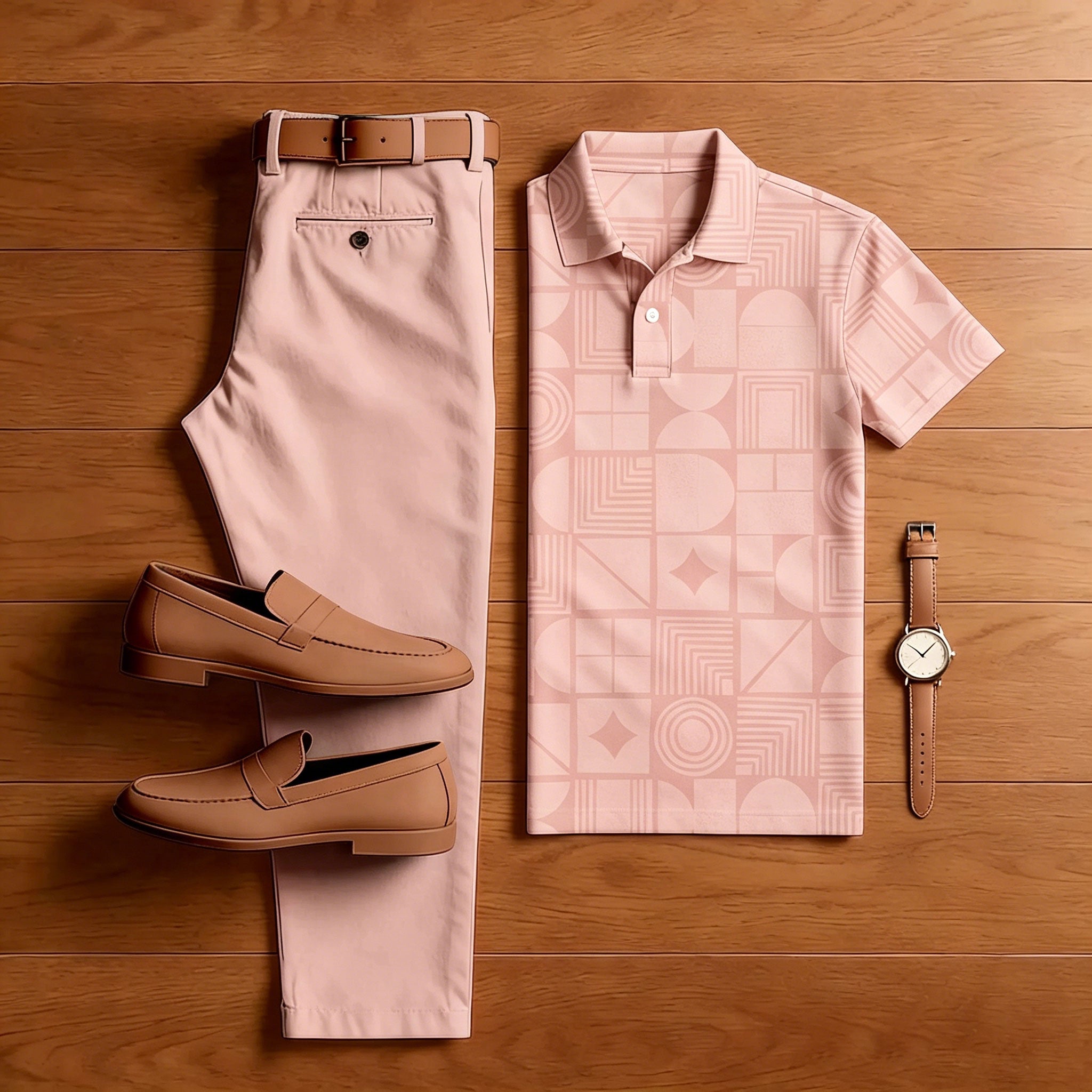 Men's Casual Green Color Matching Geometric Printed Short Sleeved Polo Shirt & Trousers Two-Piece Set 199151