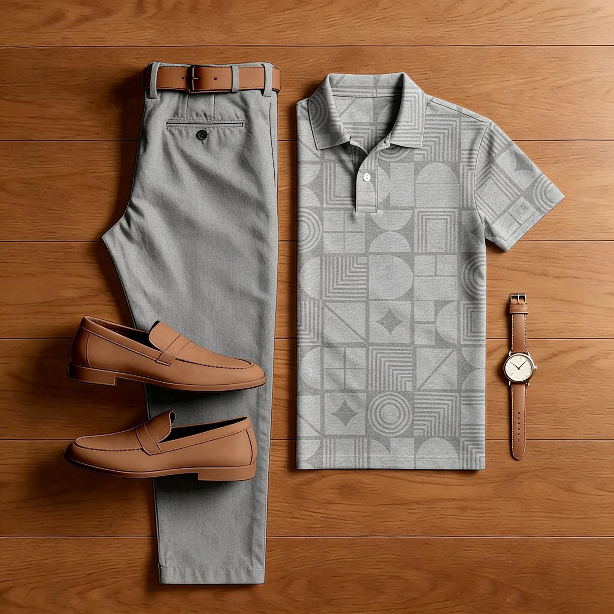 Men's Casual Green Color Matching Geometric Printed Short Sleeved Polo Shirt & Trousers Two-Piece Set 199151