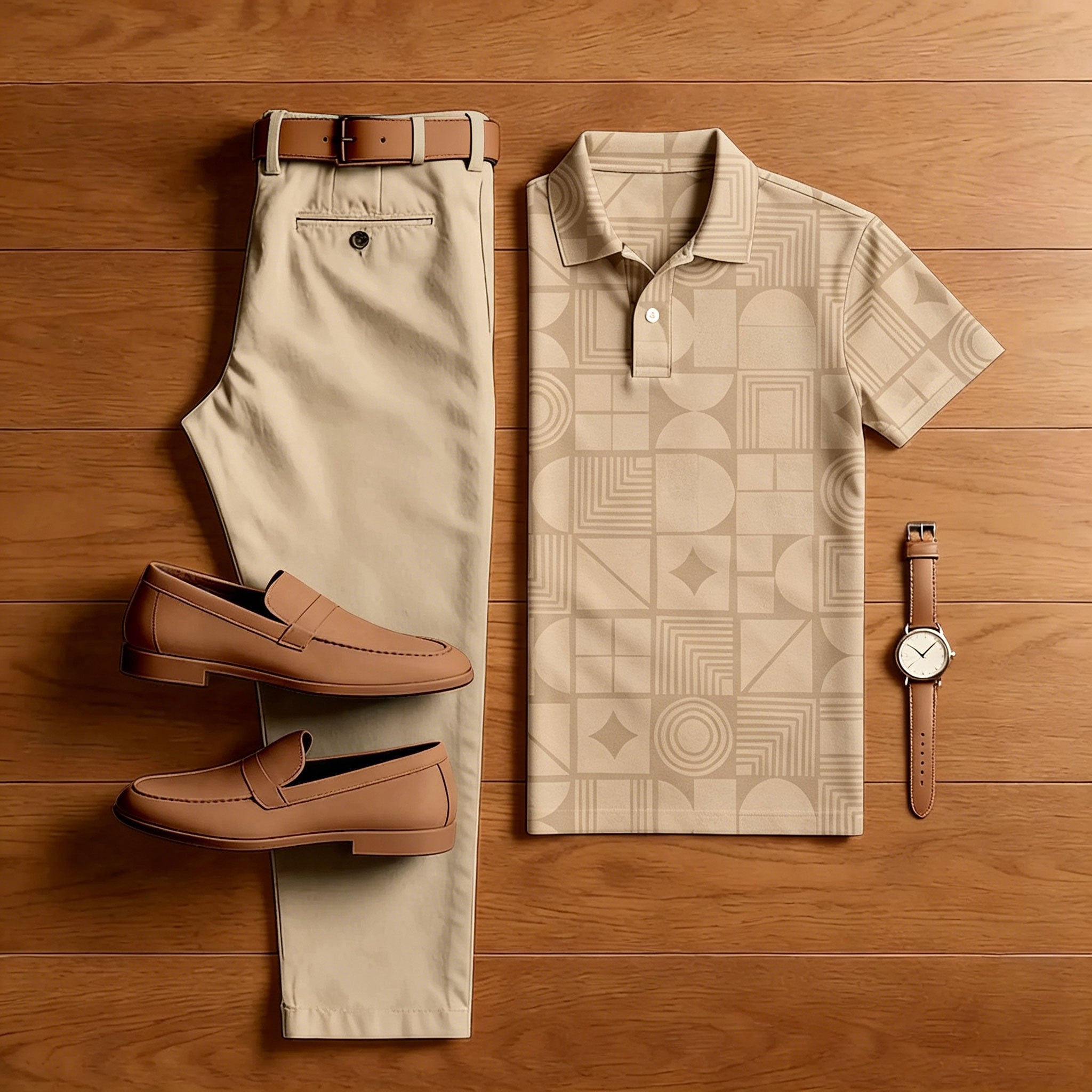 Men's Casual Green Color Matching Geometric Printed Short Sleeved Polo Shirt & Trousers Two-Piece Set 199151