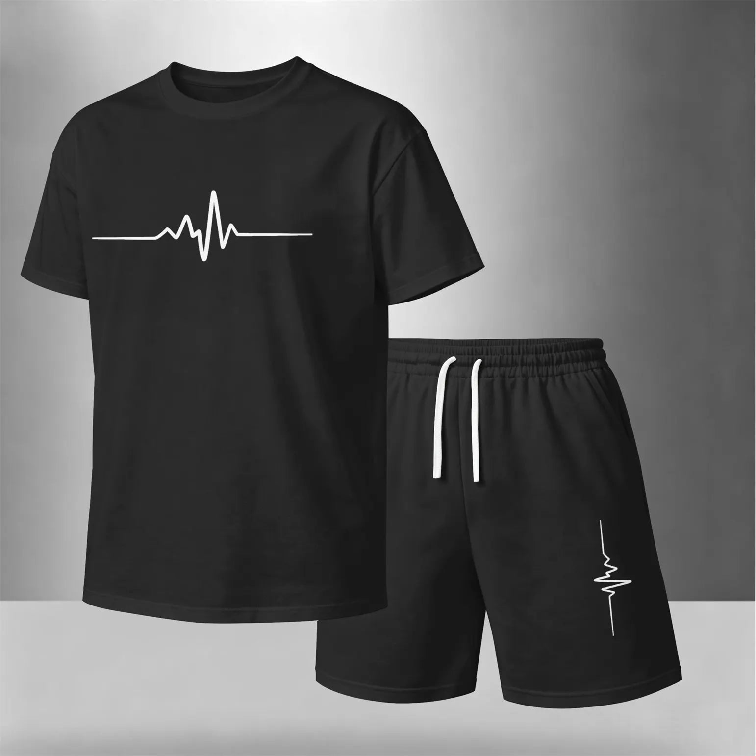 Men’s Summer 2 Piece Set, Heartbeat Line Print Short Sleeve T Shirt and Drawstring Shorts Matching Outfit, Lightweight Breathable Casual Set for Beach, Vacation, Gym, Travel, Running, and Daily Wear
