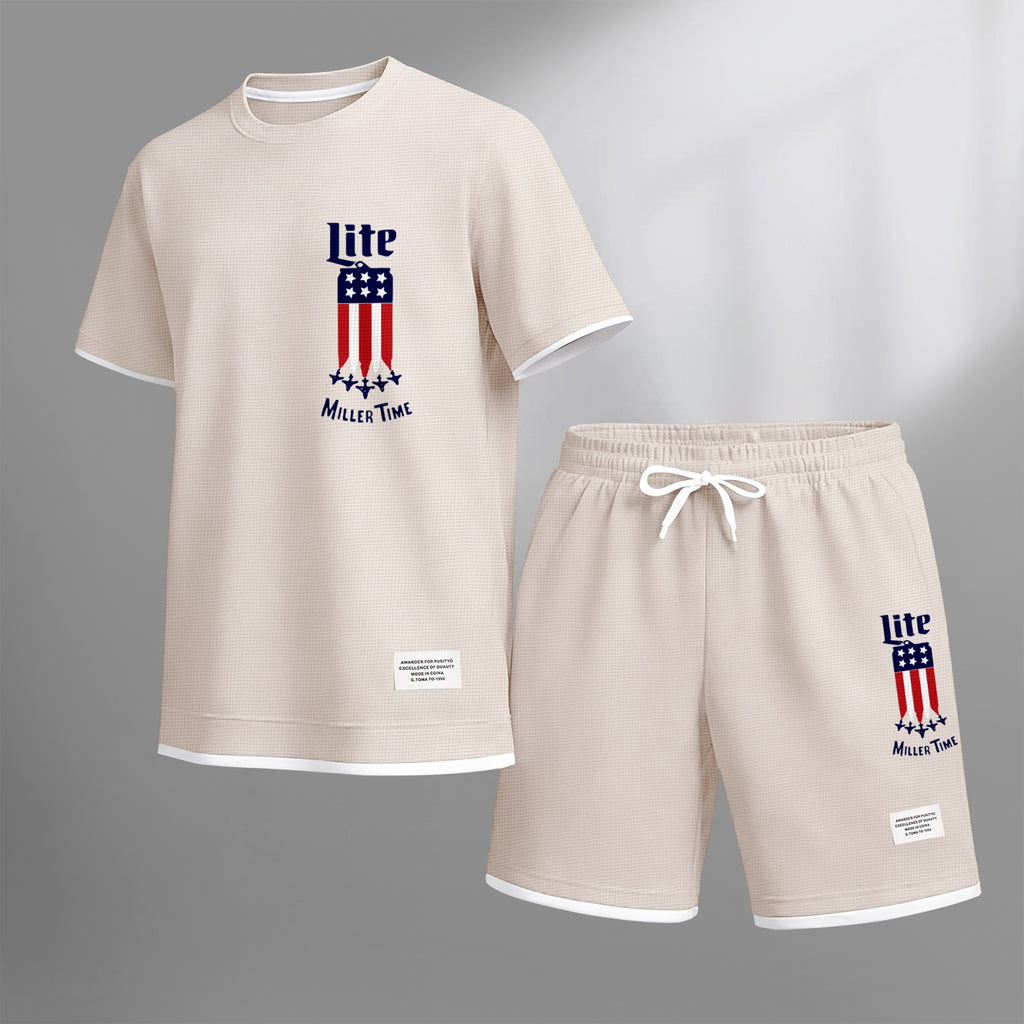 Men's Beer And Beverage Printed Drawstring Shorts Set, Suitable For Spring And Summer Wear, Casual Summer Set, Including Short-Sleeved Shirt And Shorts, Suitable For Everyday Wear And Sports 012