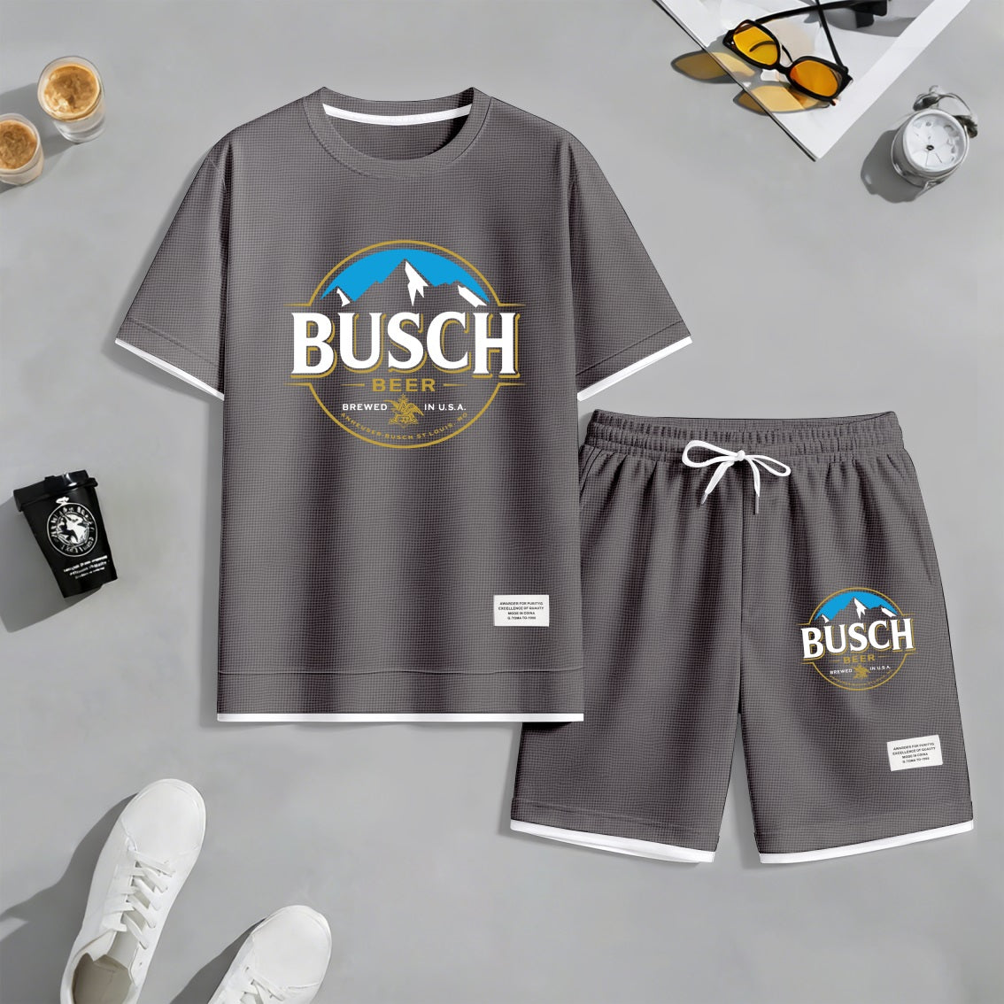Men's Retro Draft Beer Print Waffle Fabric Short-Sleeved Shirt And Shorts Set