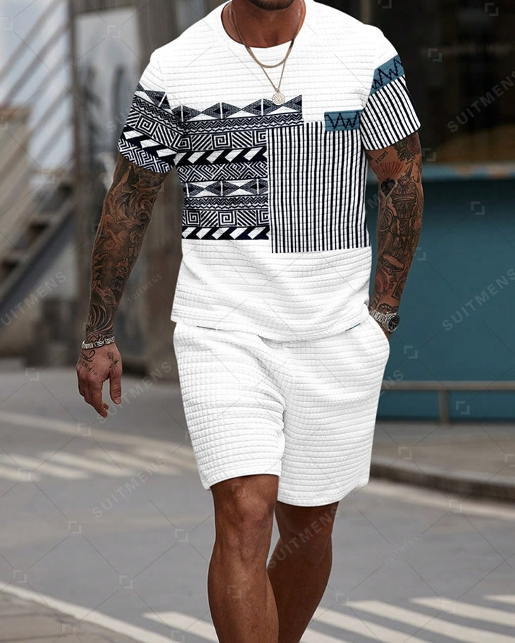 Men's Casual Waffle Textured Summer Round Neck Short Sleeve Shorts Set 002