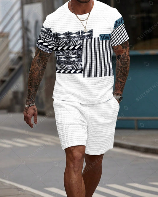 Men's Casual Waffle Textured Summer Round Neck Short Sleeve Shorts Set 002
