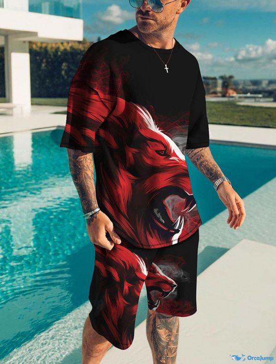 Suitmens Men's Lion Print Shorts Suit