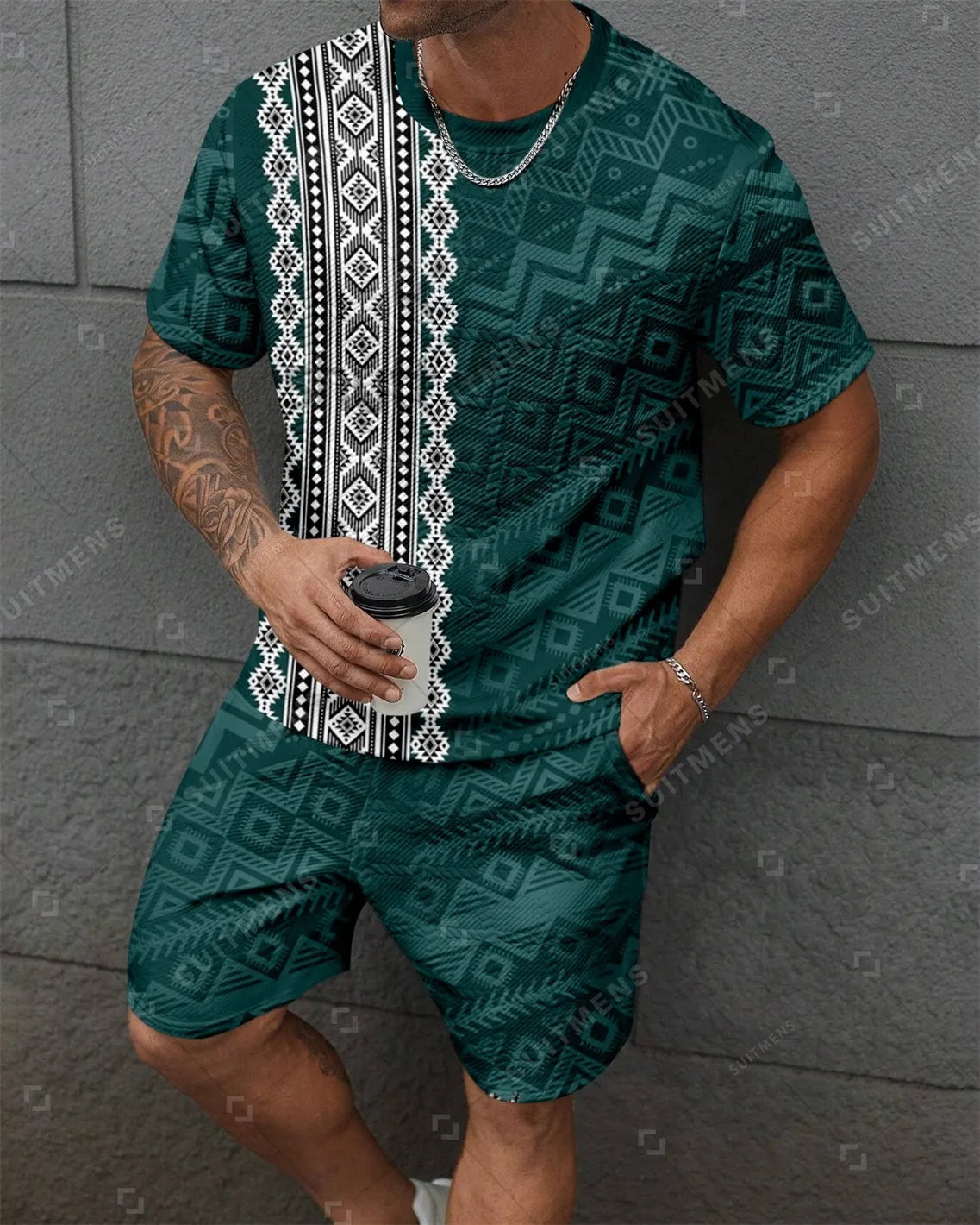 Men's Jacquard Textured Color Block Printed Short Sleeve Shorts Set 002
