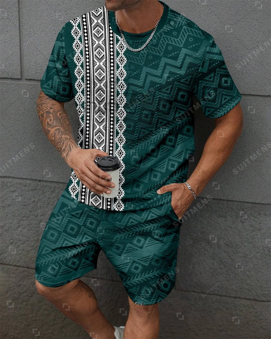 Men's Jacquard Textured Color Block Printed Short Sleeve Shorts Set 002