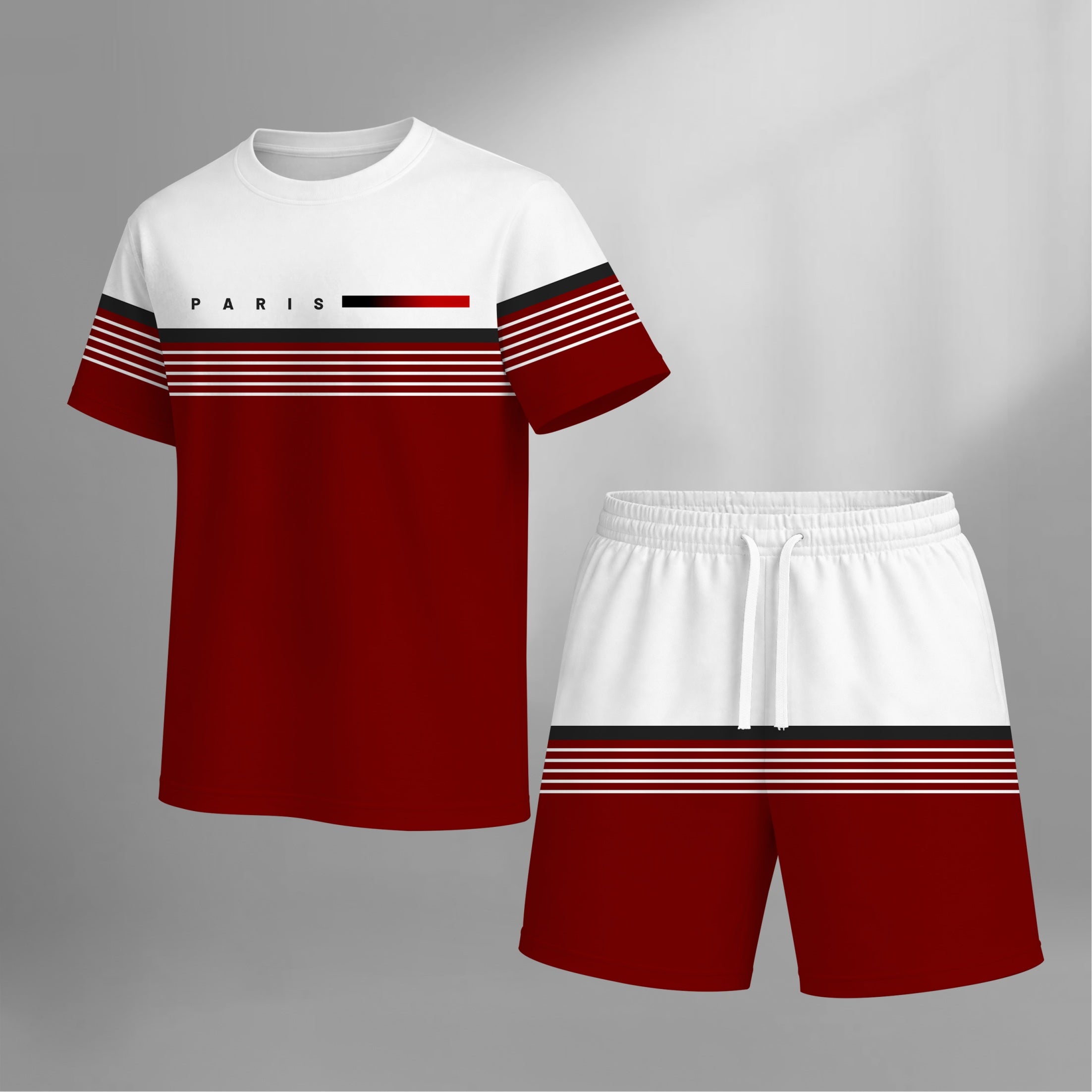 Men’s Summer 2 Pack T Shirt and Shorts Sets, Paris Stripe Graphic Short Sleeve Tops with Drawstring Shorts, Soft Breathable Matching Outfits for Beach, Outdoor Activities, Vacation, Streetwear, and Everyday Style