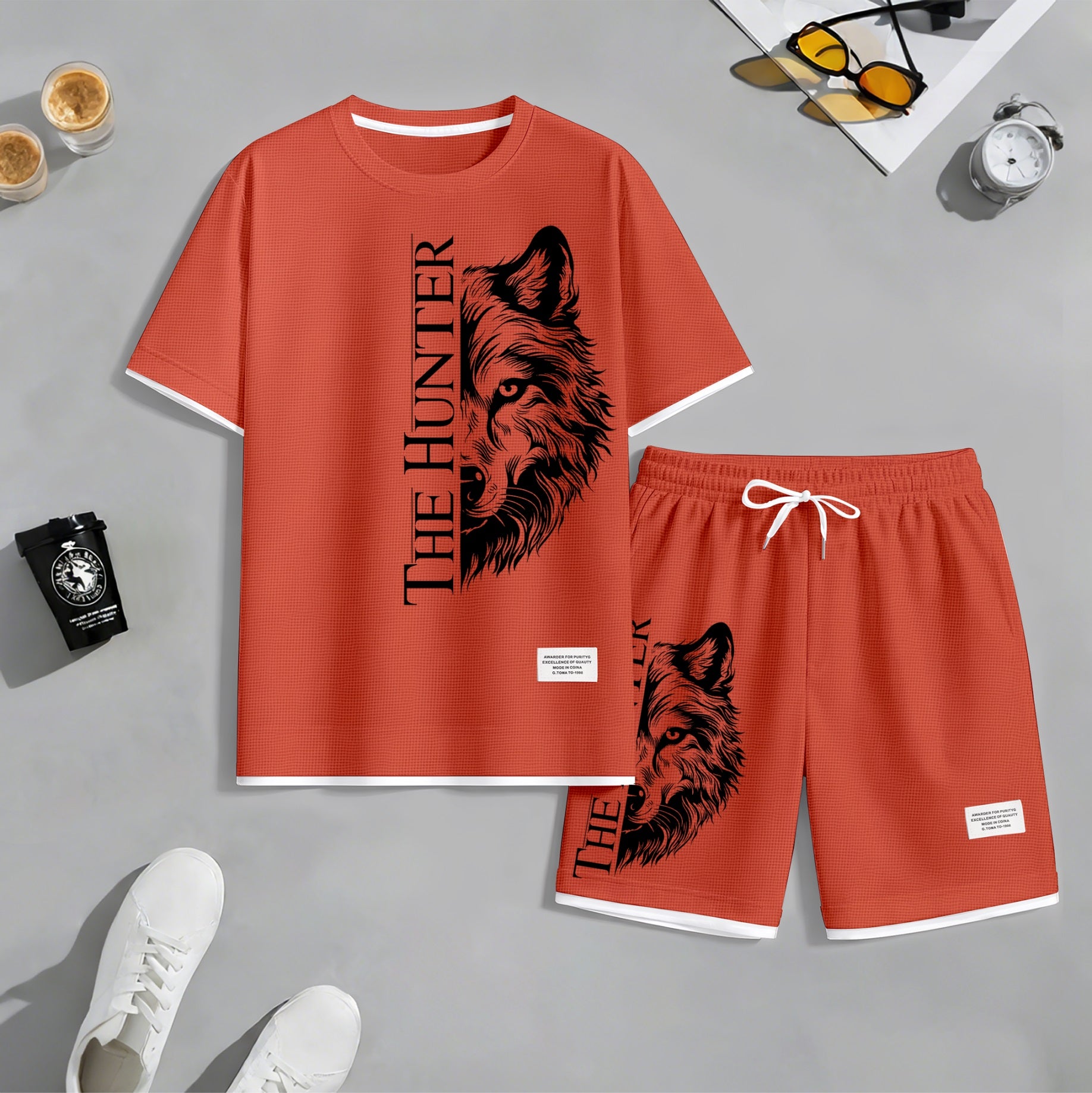 Men's "The Hunter" Wolf Head Graphic Print Waffle Short Sleeve T-Shirt & Shorts Set, Summer Lightweight Casual Sporty Two-Piece Outfit, Streetwear for Gym & Daily Wear