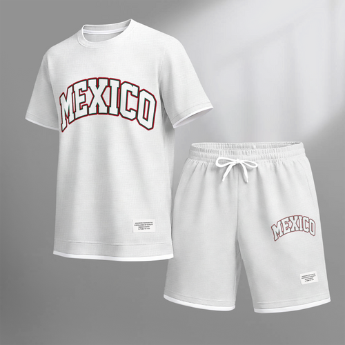Men's Casual Style MEXICO Print Waffle Fabric Short-Sleeved Shirt And Shorts Set
