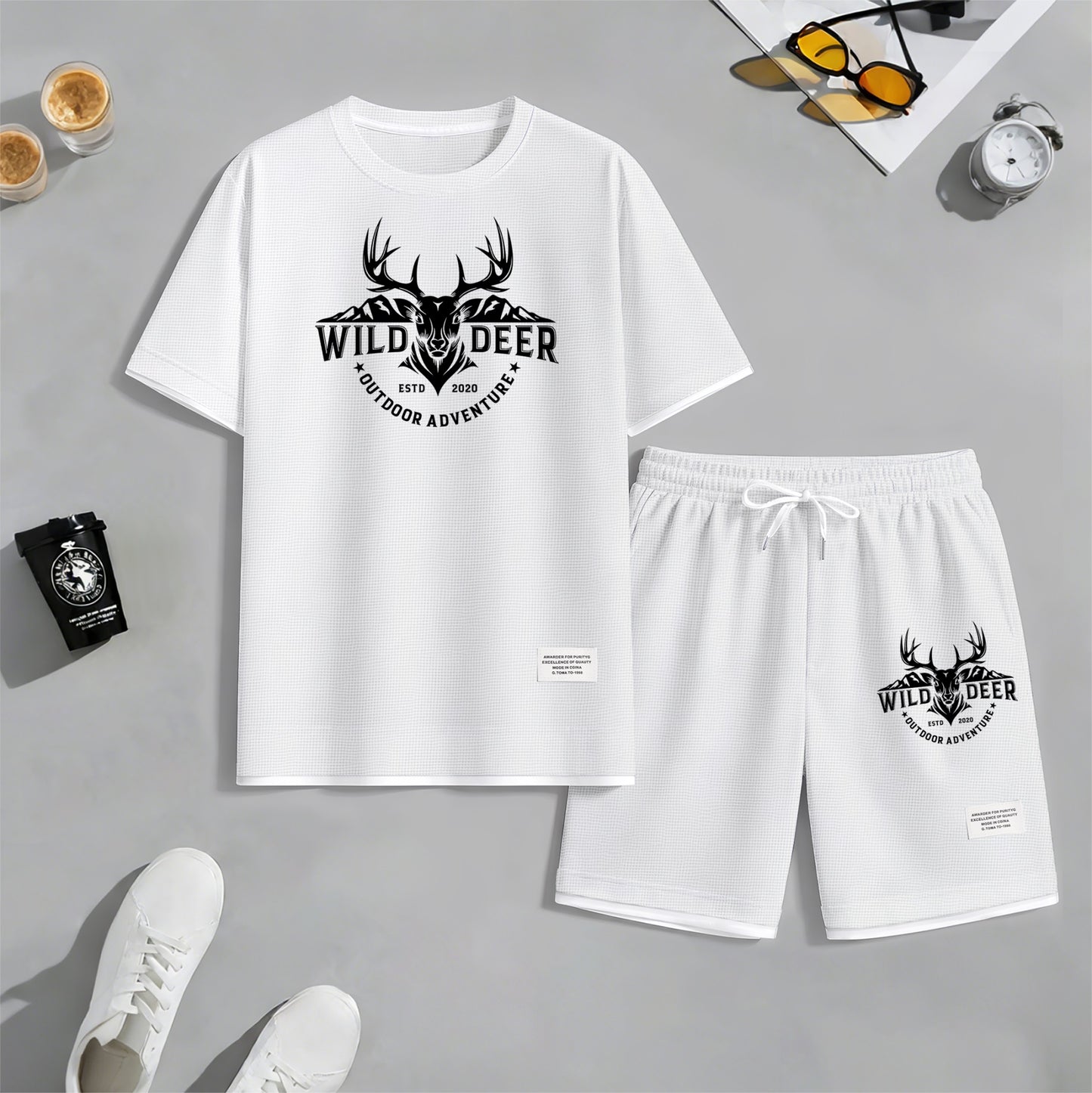 Men's Wild Deer Graphic Print Waffle Short Sleeve T-Shirt & Shorts Set, Summer Lightweight Outdoor Adventure Sporty Casual Two-Piece Outfit, Streetwear for Gym & Daily Wear
