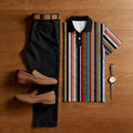 Men's Casual Black & Multi Color Matching Retro Style Printed Short Sleeved Polo Shirt & Trousers Two-Piece Set