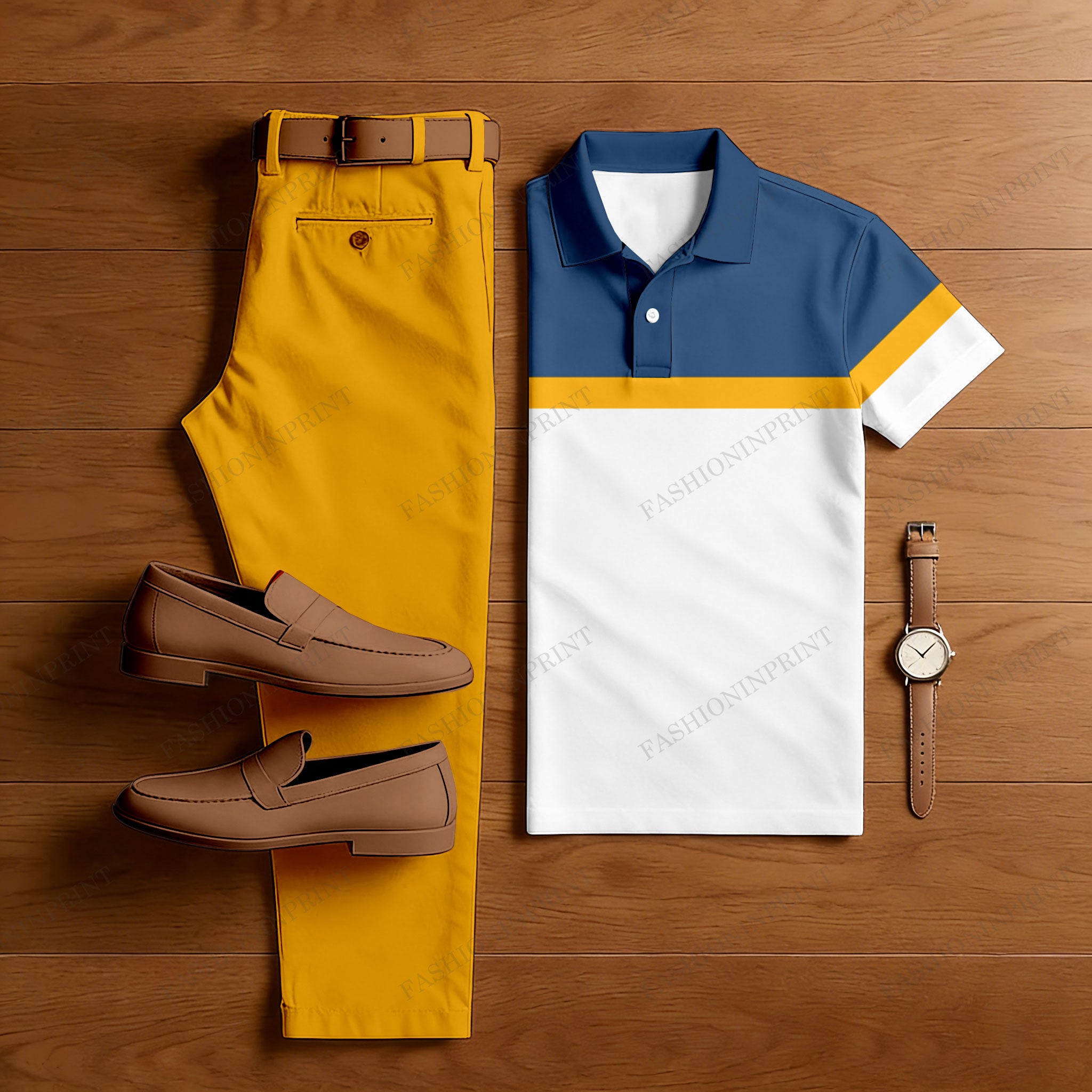 Men's Casual Dark Blue Geometric Printed Polo Shirt And Pants Two-Piece Set
